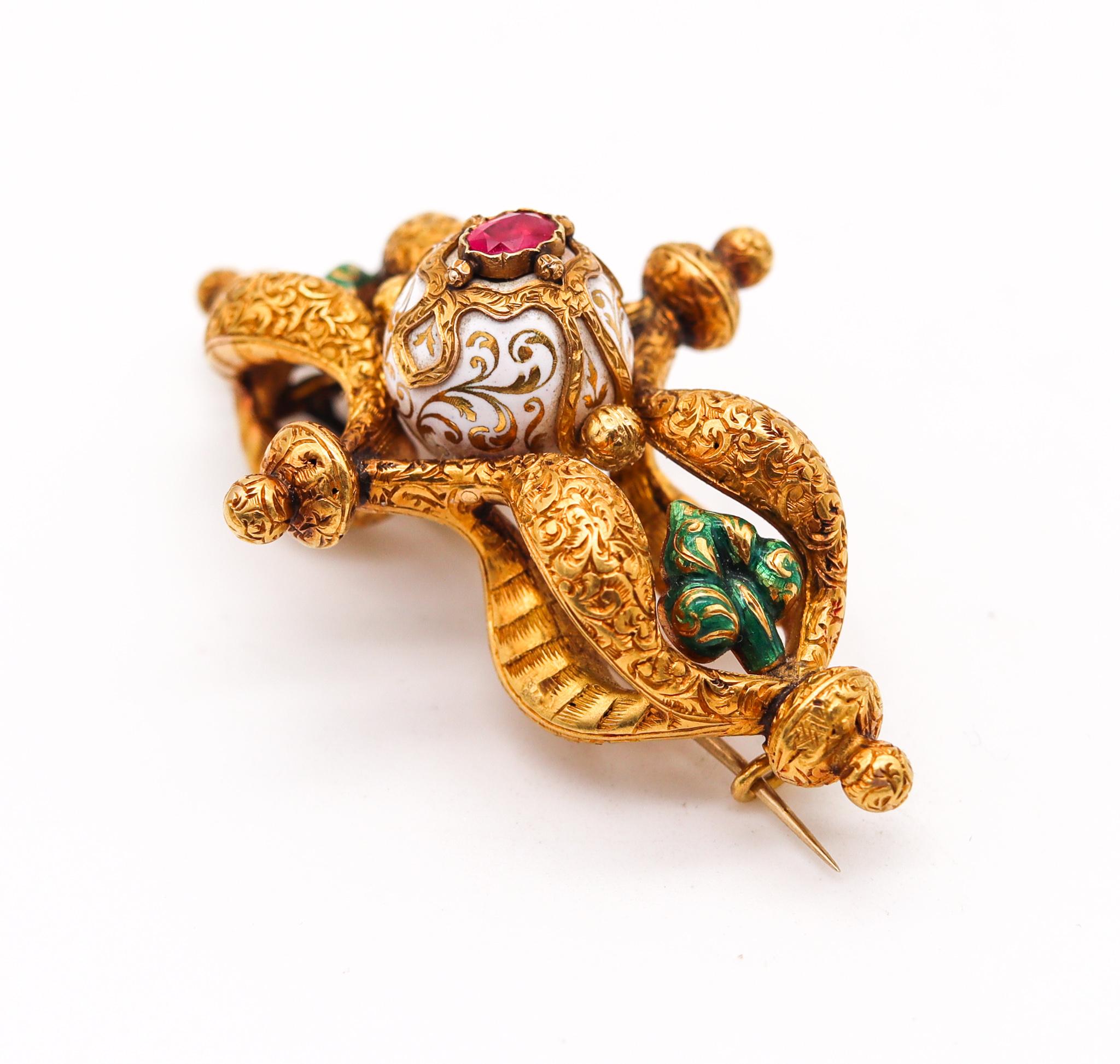 French Etruscan-Merovingian revival brooch.

Fantastic piece with gorgeous eye appeal, created in France back in the 1850. It was crafted in three dimensions with textured chiseled floriated patterns, in solid yellow gold of 18 karats. The style of