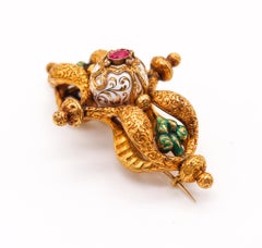 French 1850 Etruscan Revival Enamel Brooch in 18 Karat Yellow Gold with Ruby