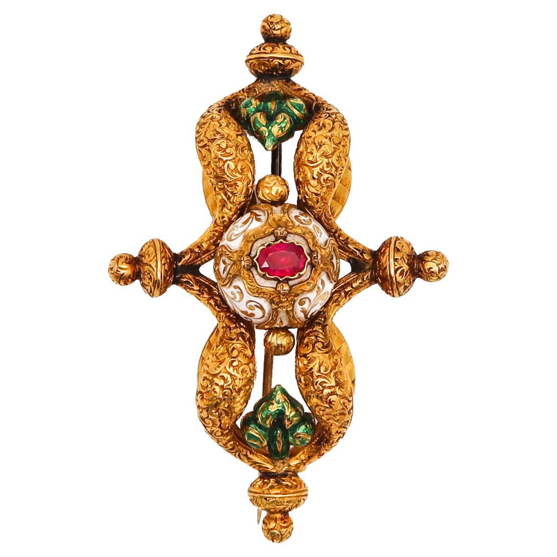 French 1850 Etruscan Revival Enamel Brooch in 18 Karat Yellow Gold with Ruby