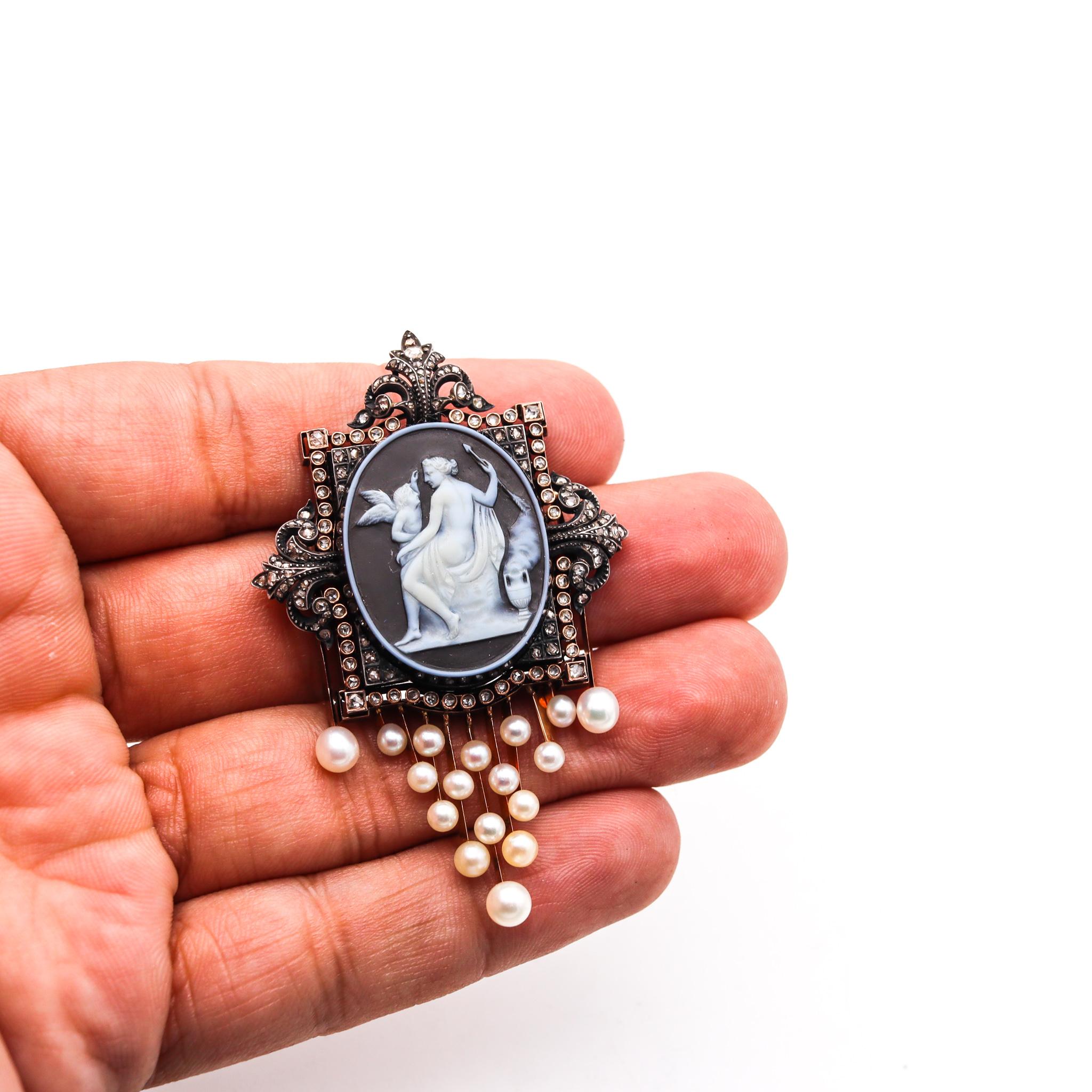 Néoclassique Broche pendentif en agate néoclassique française de 1850 en or 18 carats avec diamants et perles