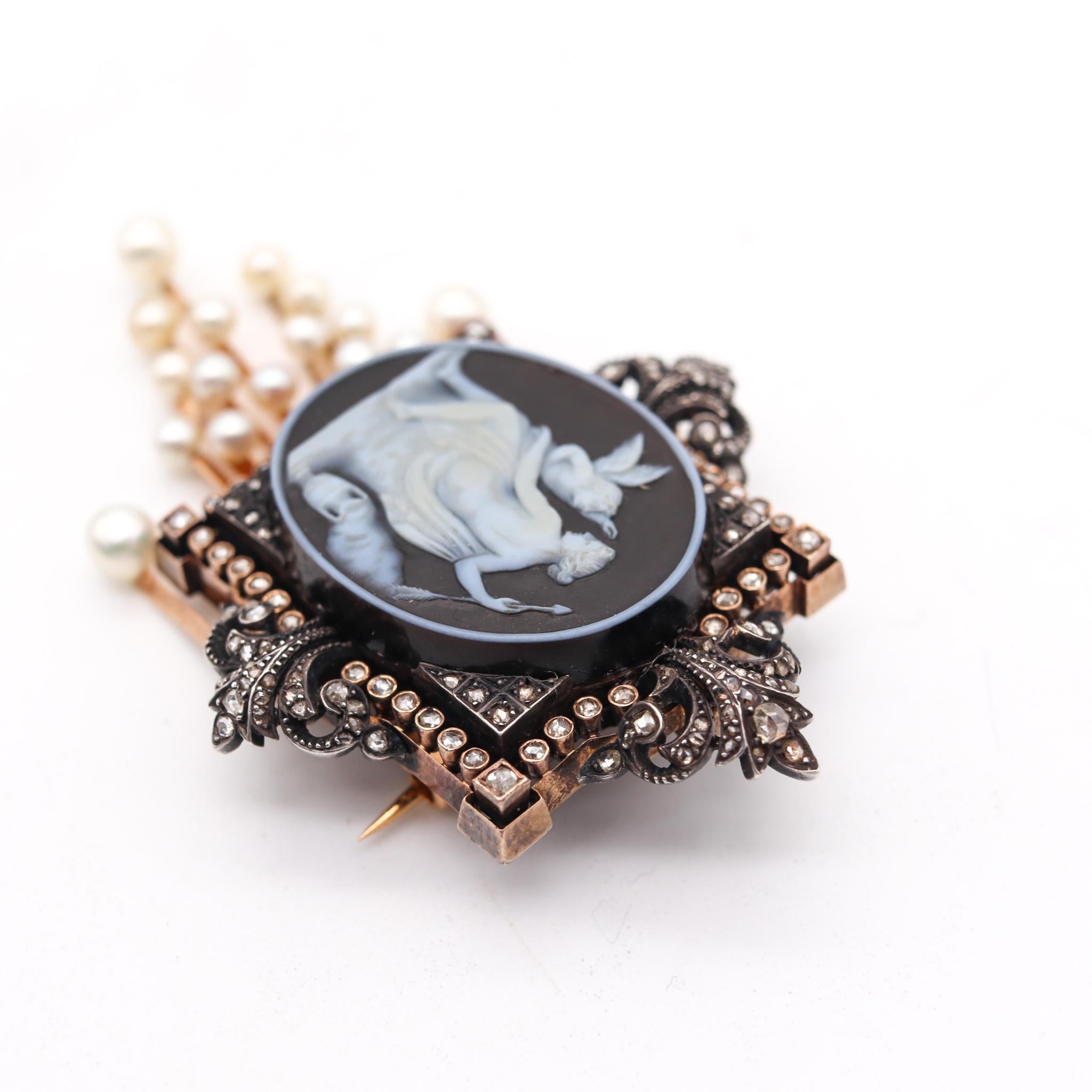 Neoclassical French 1850 Neo Classic Agate Pendant Brooch 18Kt Gold with Diamonds and Pearls