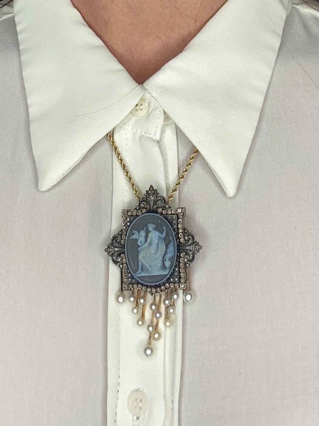 Broche pendentif en agate néoclassique française de 1850 en or 18 carats avec diamants et perles 2