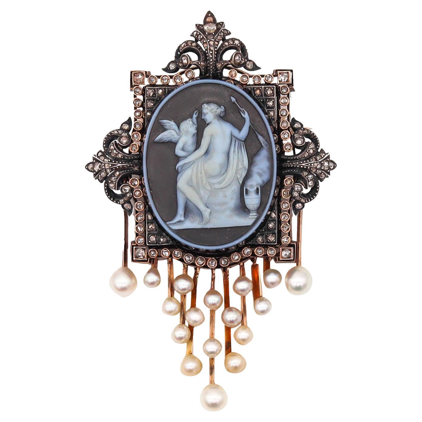 French 1850 Neo Classic Agate Pendant Brooch 18Kt Gold with Diamonds and Pearls