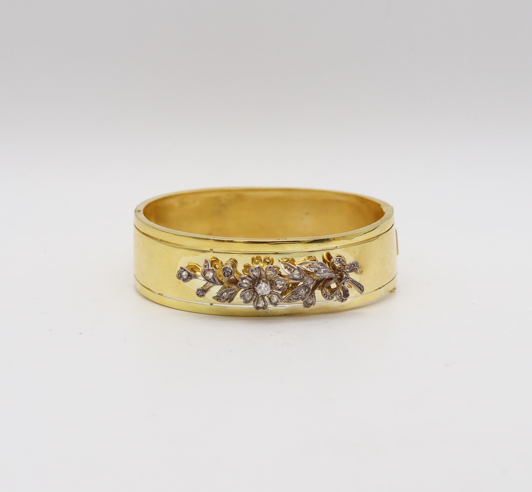 French 1850 Victorian Bangle Bracelet In 14Kt Yellow Gold With Rose Cut Diamonds In Good Condition In Miami, FL