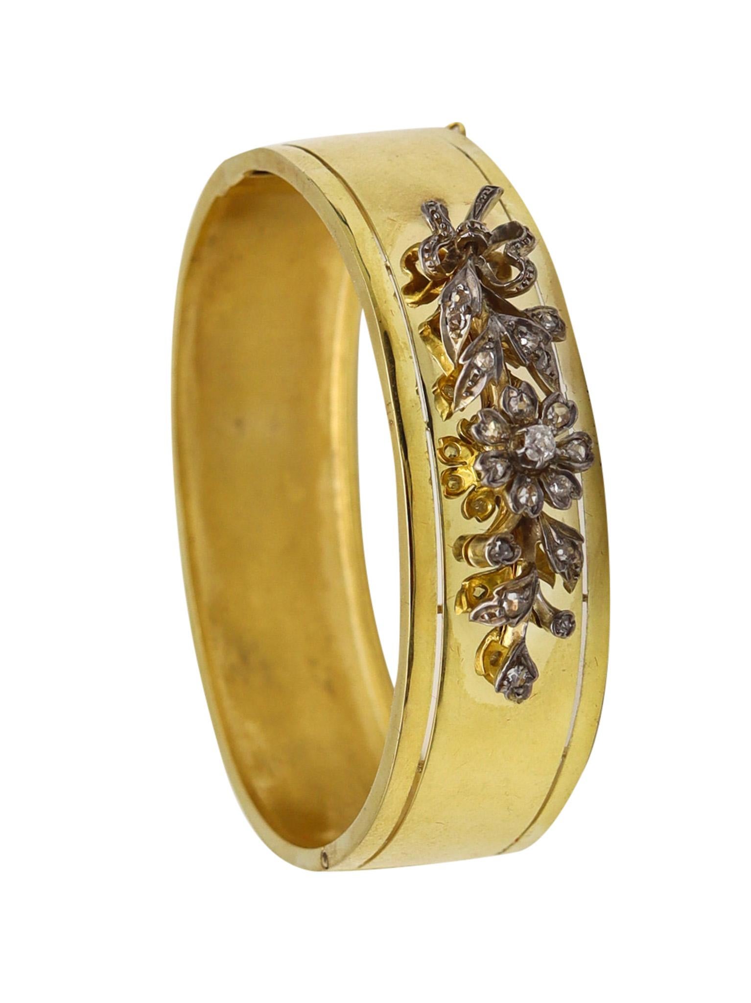 French 1850 Victorian Bangle Bracelet In 14Kt Yellow Gold With Rose Cut Diamonds