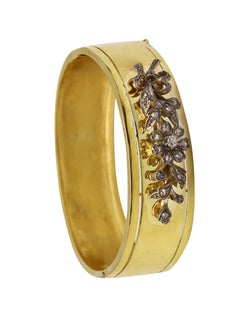 Antique French 1850 Victorian Bangle Bracelet In 14Kt Yellow Gold With Rose Cut Diamonds
