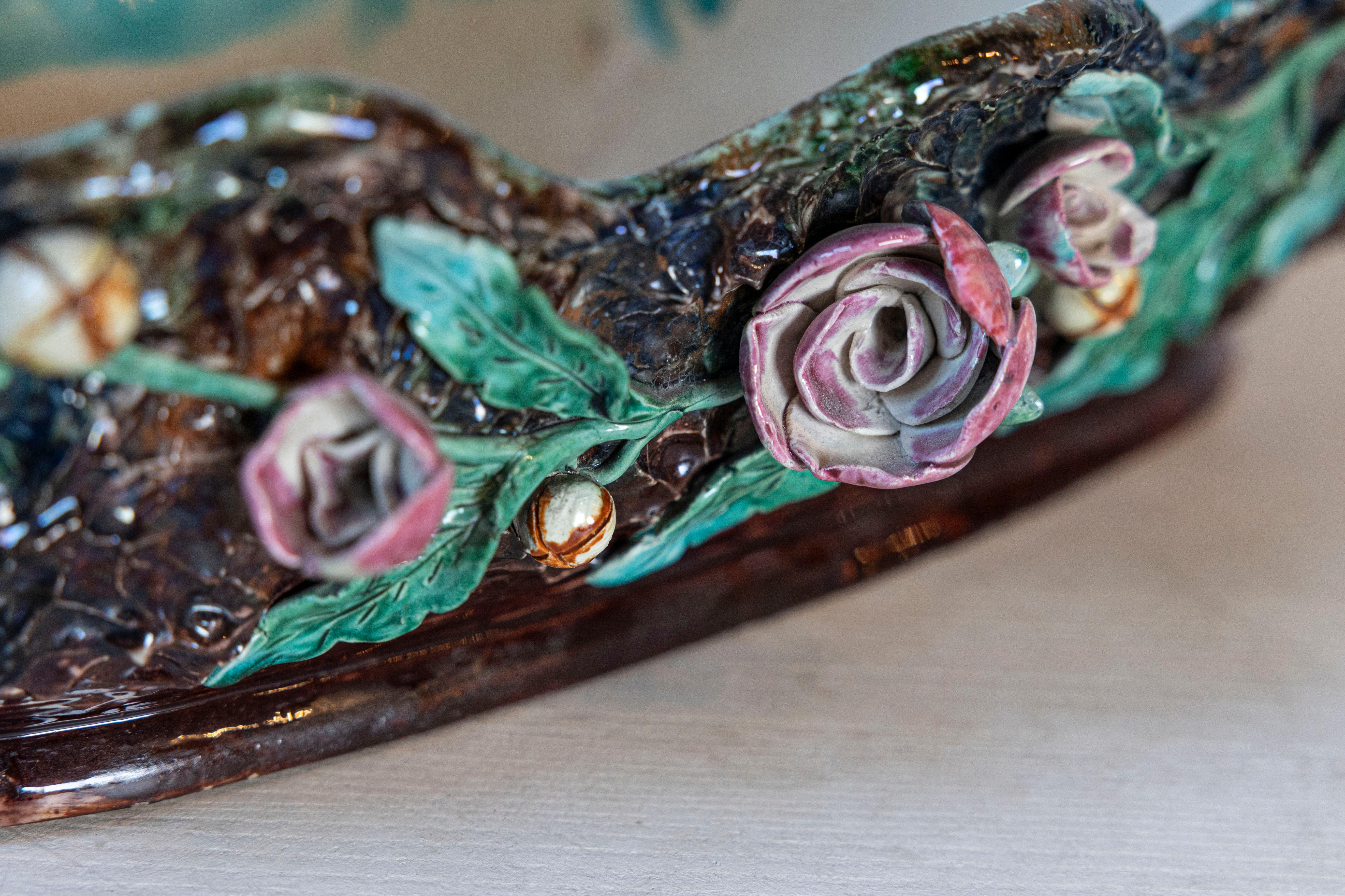 19th Century French 1850s Barbotine Majolica Jardinière by Thomas Sargent with Floral Décor For Sale