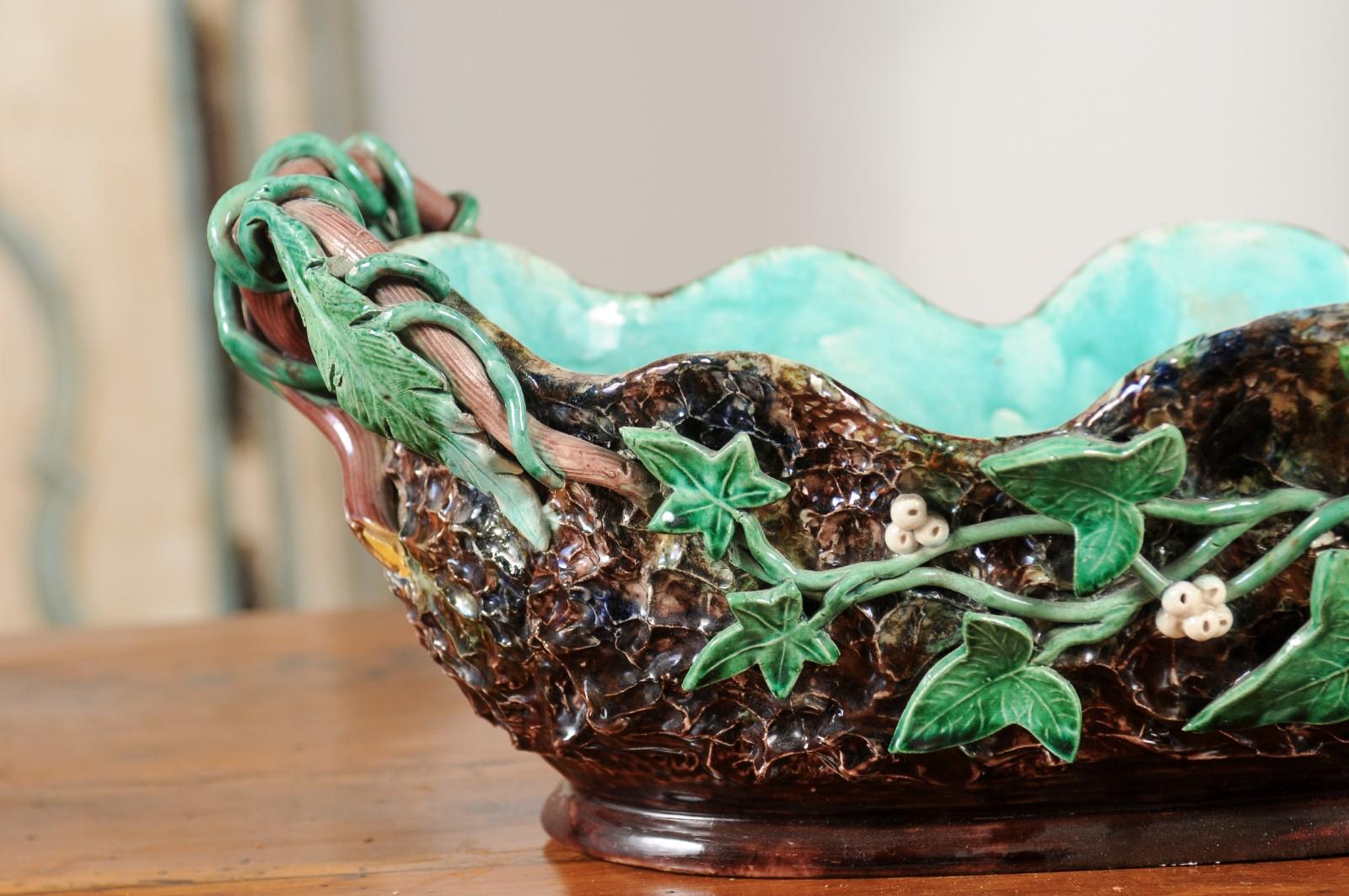 19th Century French 1850s Barbotine Majolica Jardinière by Thomas Sargent with Floral Décor For Sale