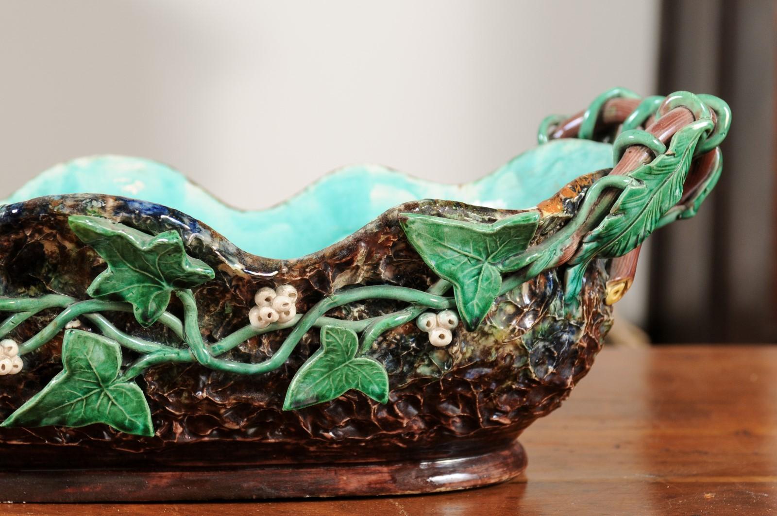 French 1850s Barbotine Majolica Jardinière by Thomas Sargent with Floral Décor For Sale 1