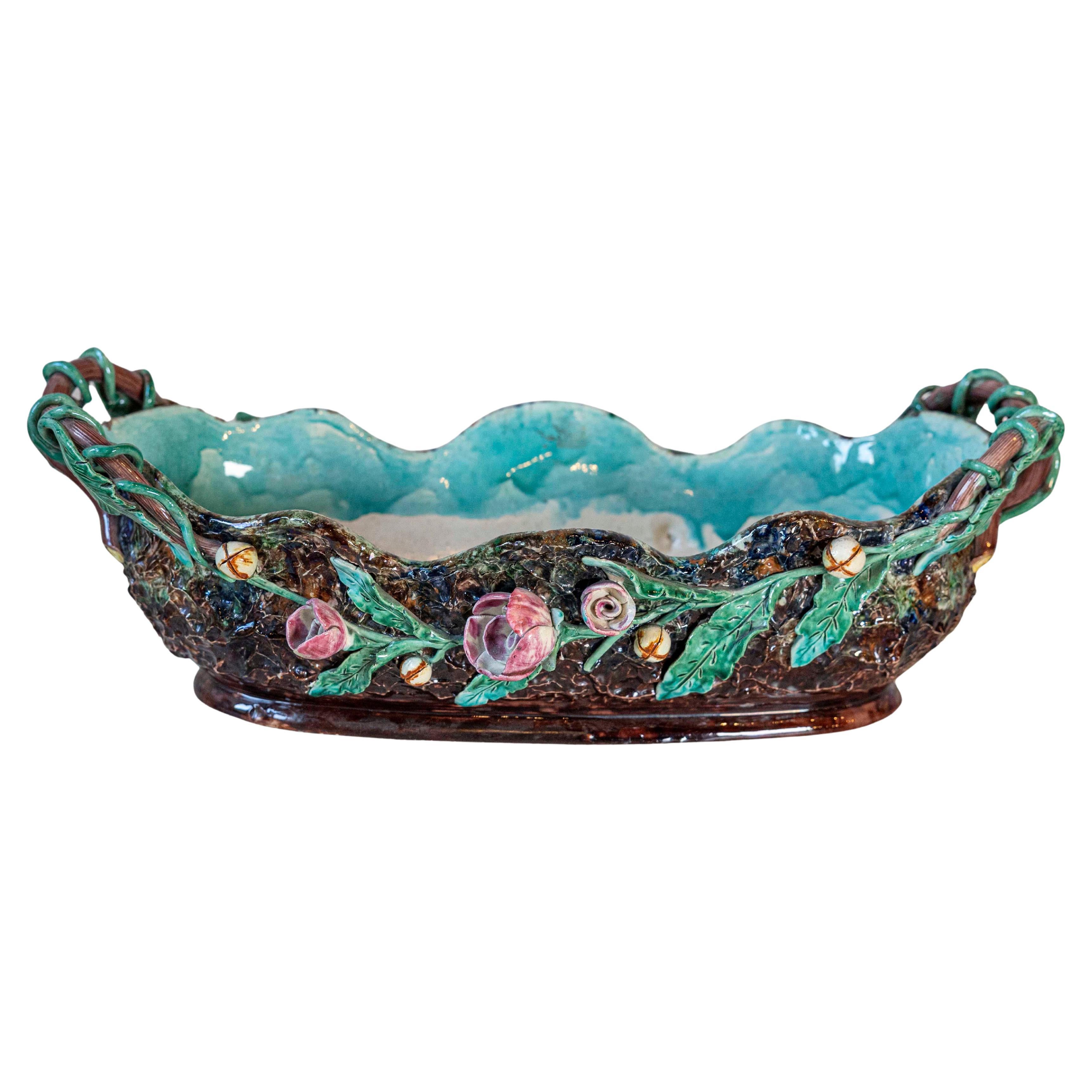 French 1850s Barbotine Majolica Jardinière by Thomas Sargent with Floral Décor For Sale