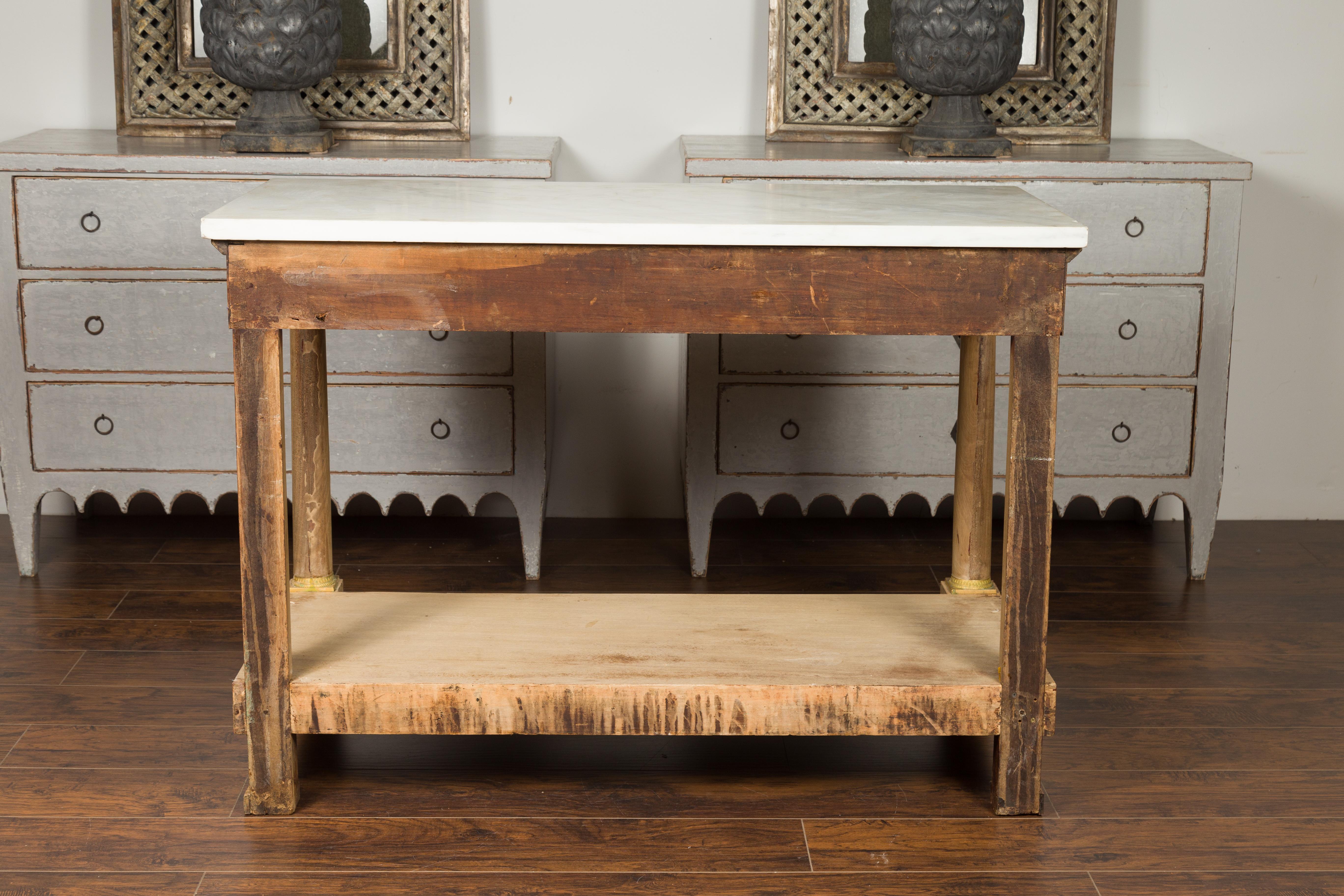 French 1850s Empire Style Bleached Wood Console Table with White Marble Top 10