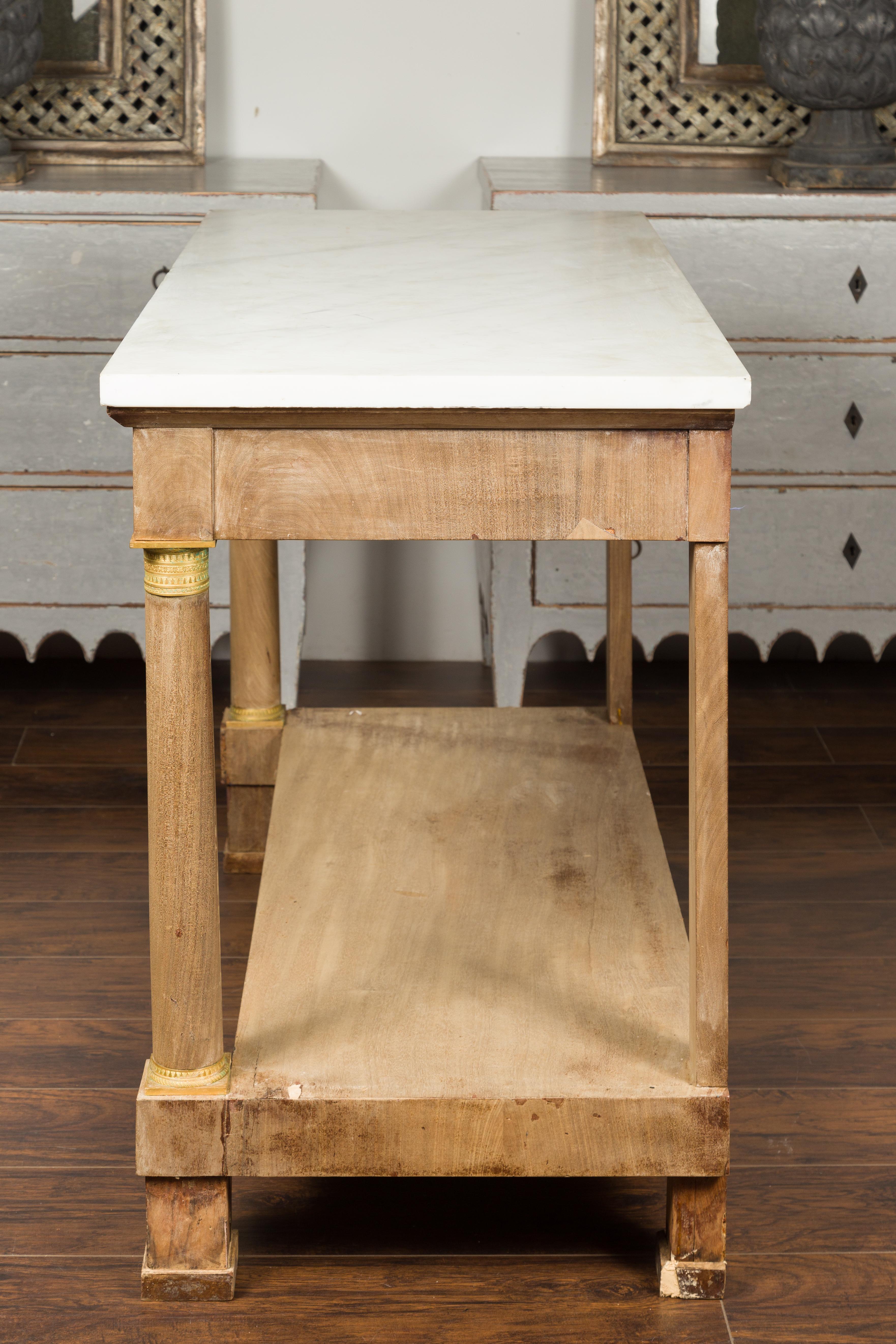 French 1850s Empire Style Bleached Wood Console Table with White Marble Top 11