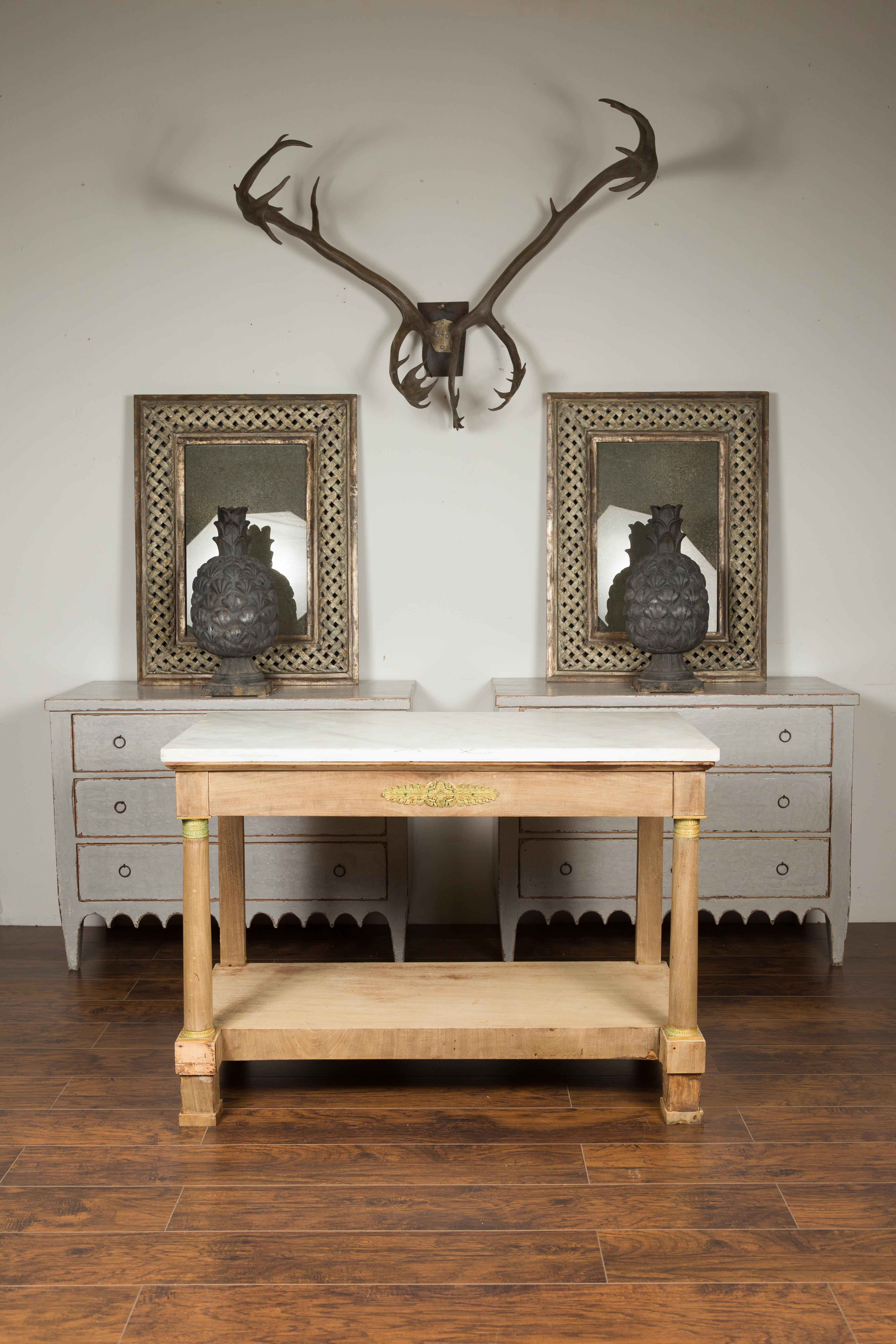 French 1850s Empire Style Bleached Wood Console Table with White Marble Top In Good Condition In Atlanta, GA