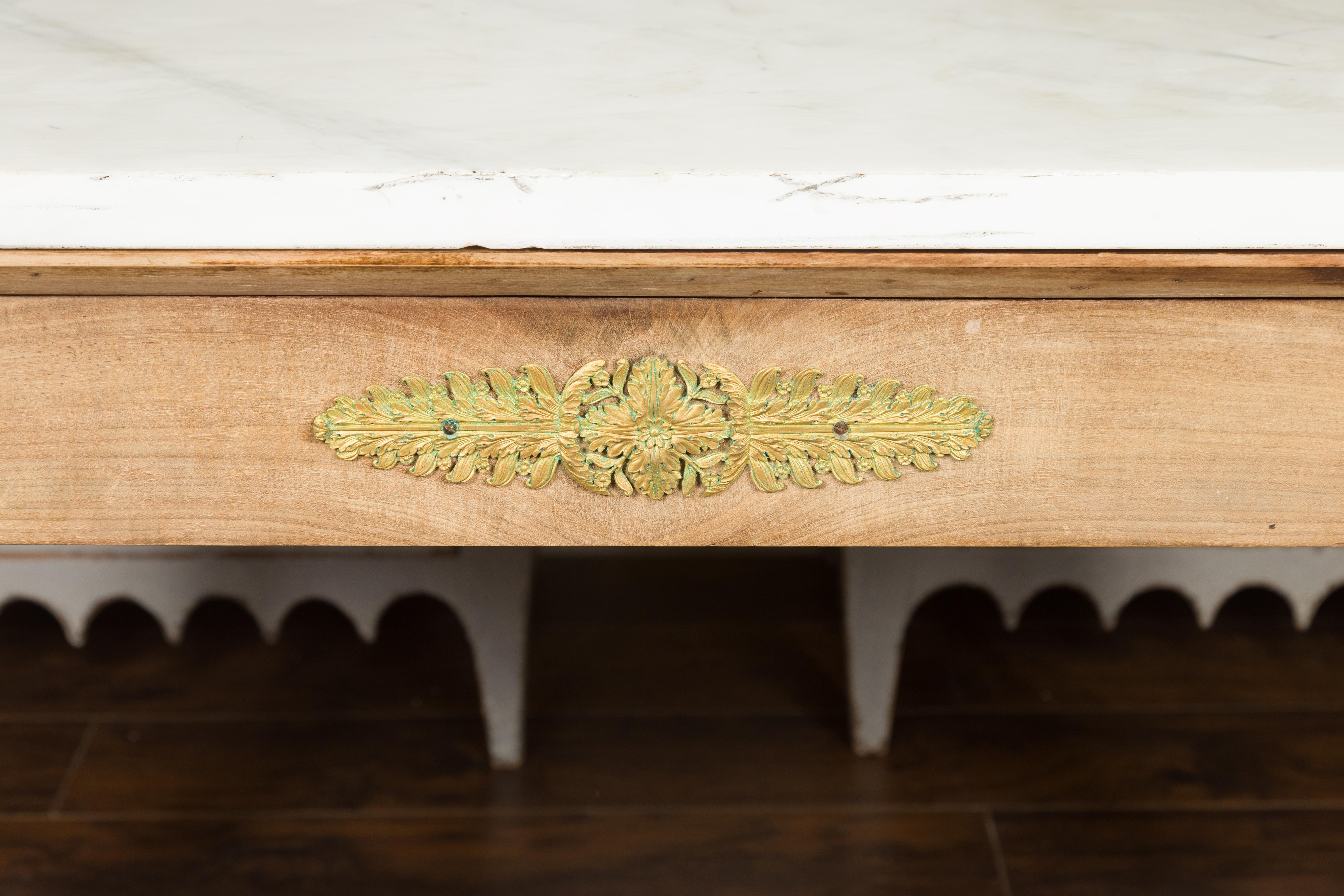 19th Century French 1850s Empire Style Bleached Wood Console Table with White Marble Top