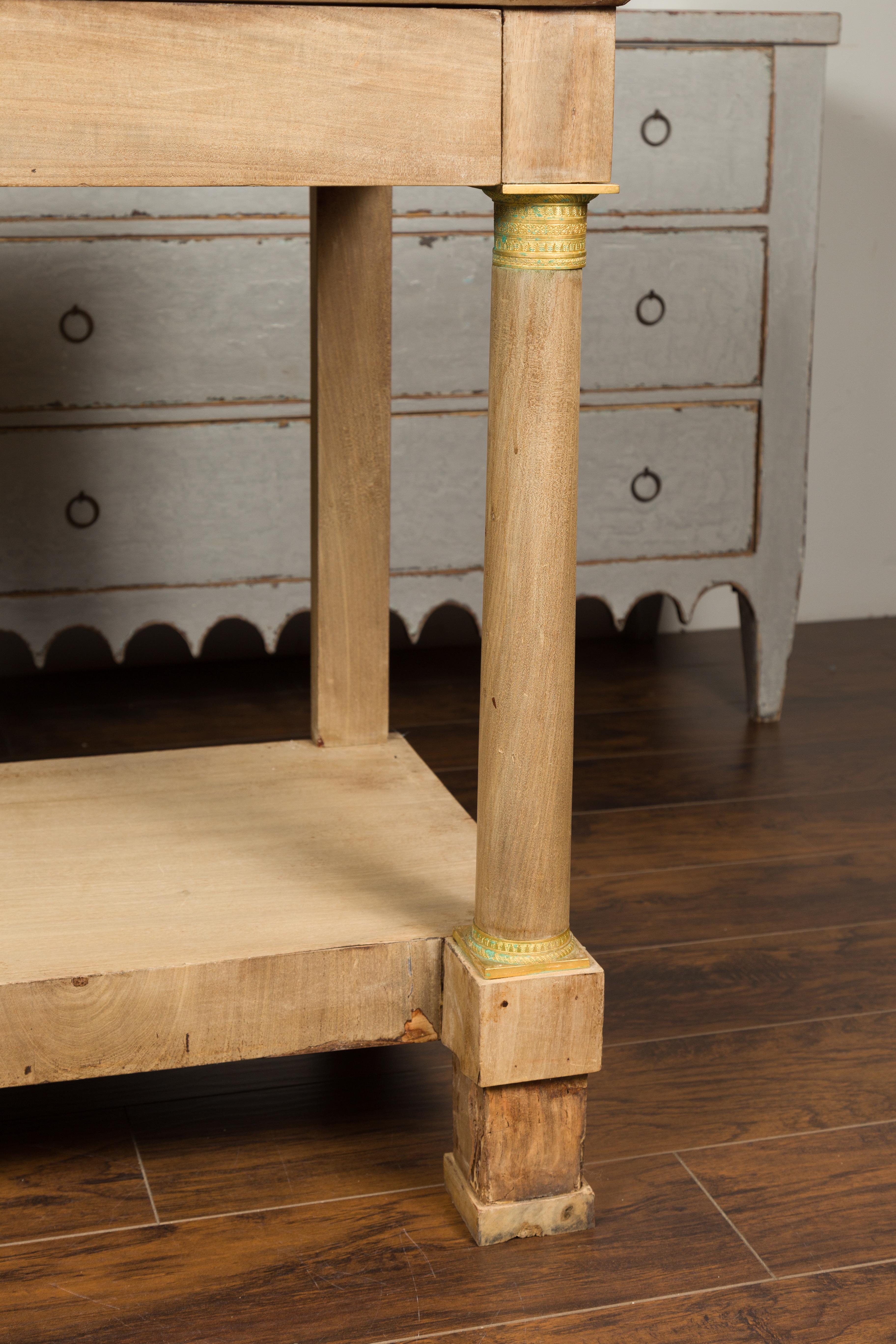 French 1850s Empire Style Bleached Wood Console Table with White Marble Top 2