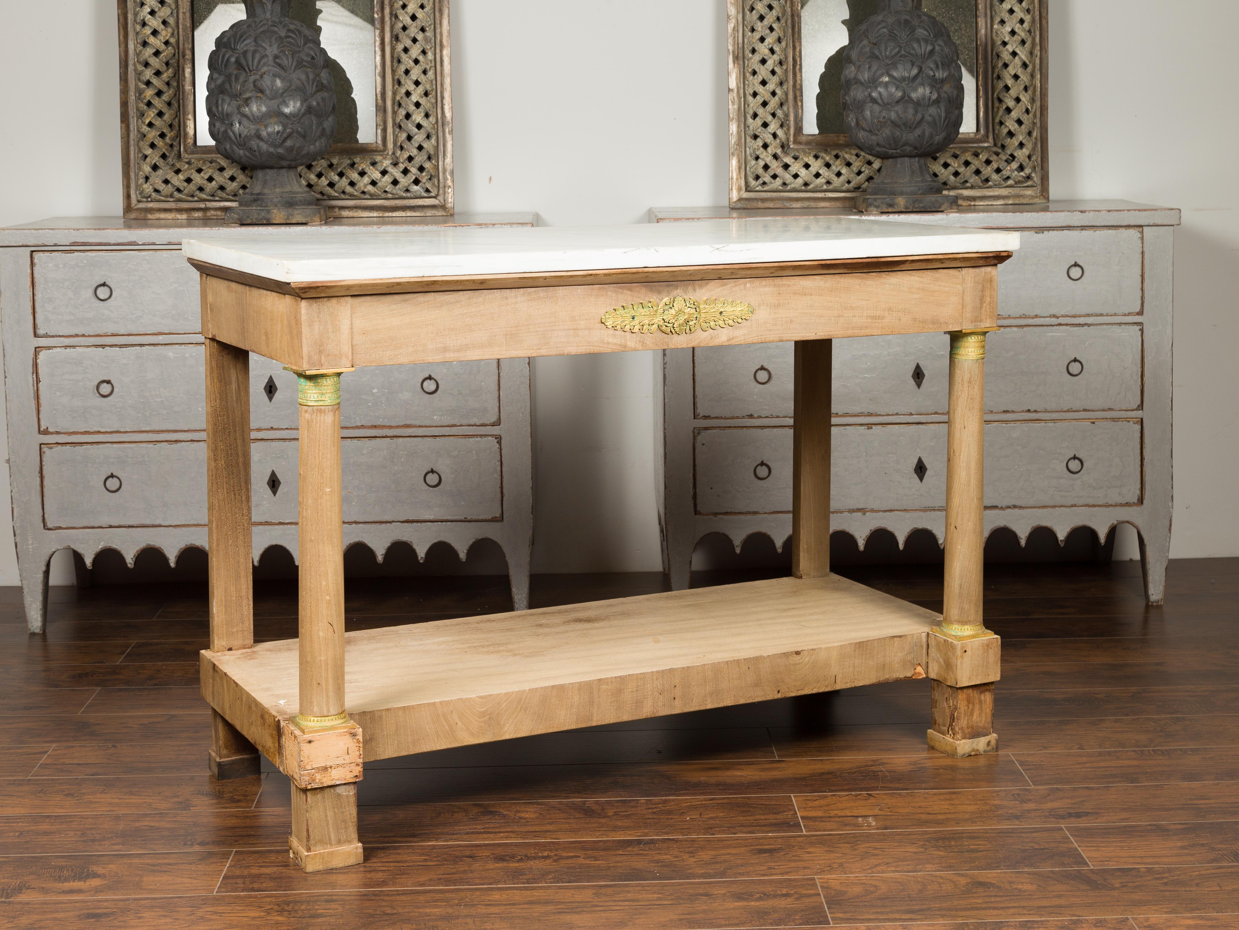 French 1850s Empire Style Bleached Wood Console Table with White Marble Top 3