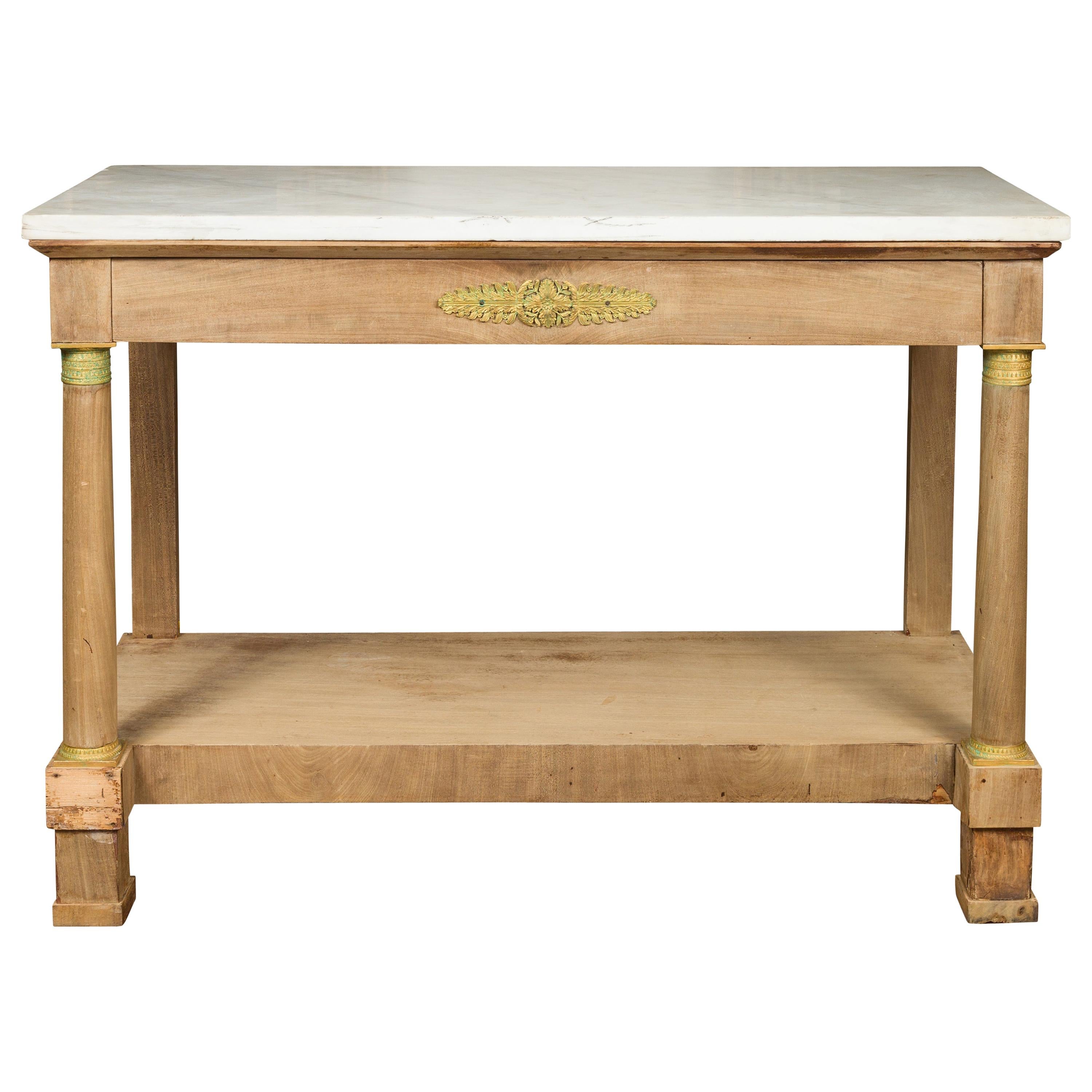 French 1850s Empire Style Bleached Wood Console Table with White Marble Top