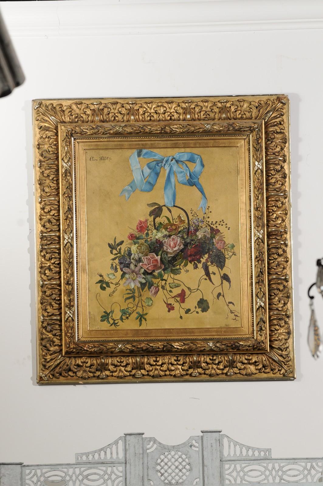 Napoleon III French 1850s Framed Oil on Canvas Still-Life Floral Painting by Clara Schlott