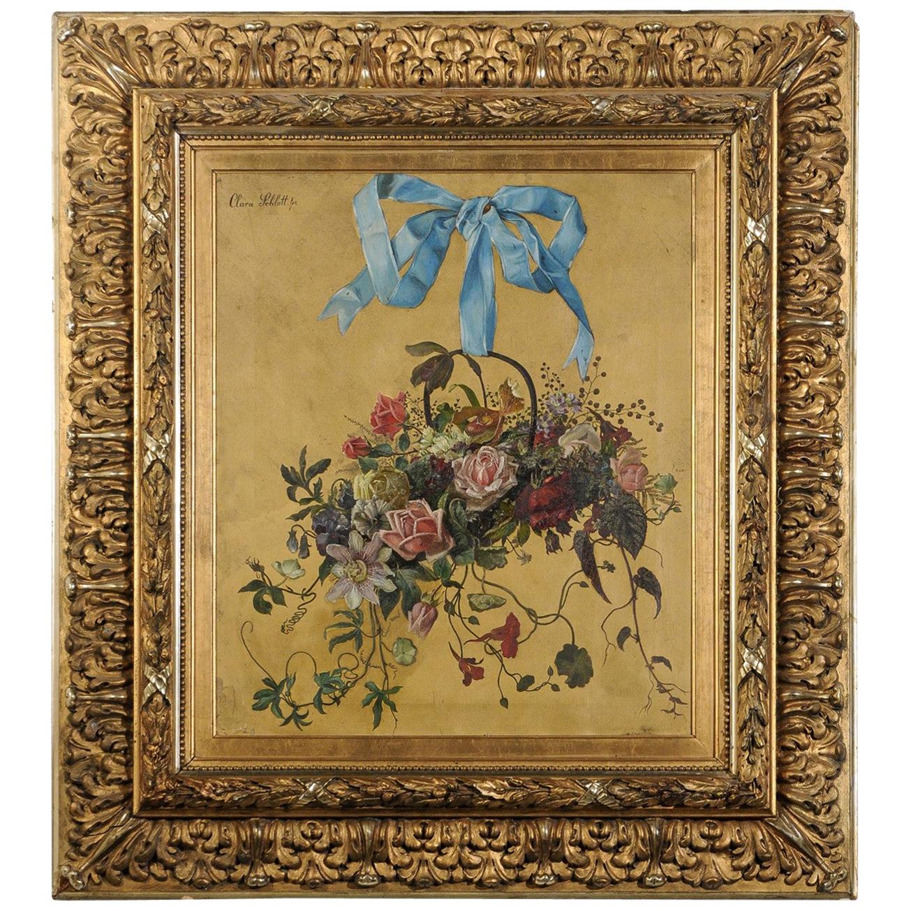 French 1850s Framed Oil on Canvas Still-Life Floral Painting by Clara Schlott