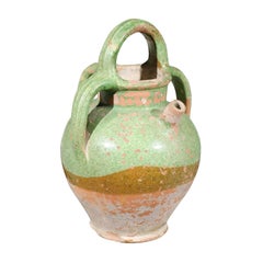 French 1850s Green Glazed Olive Jug with Four Handles and Weathered Patina