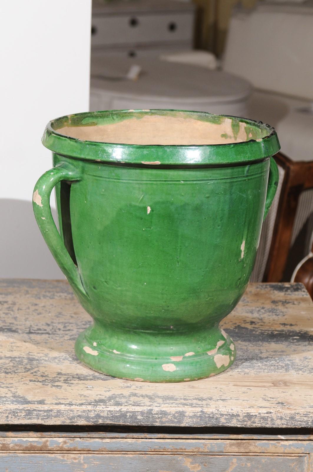 19th Century French 1850s Green Glazed Pottery Jardinière with Lateral Handles