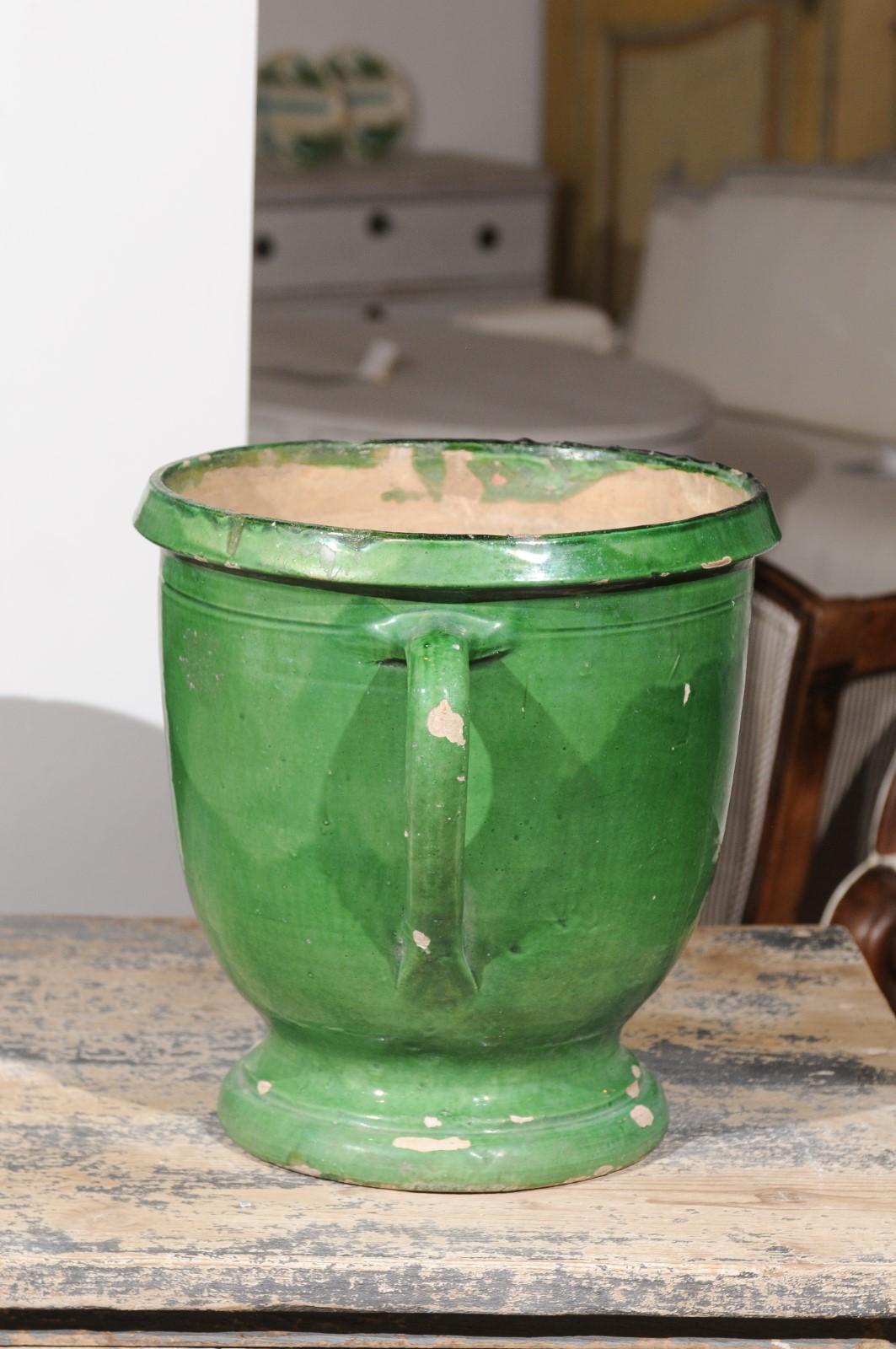 French 1850s Green Glazed Pottery Jardinière with Lateral Handles 1