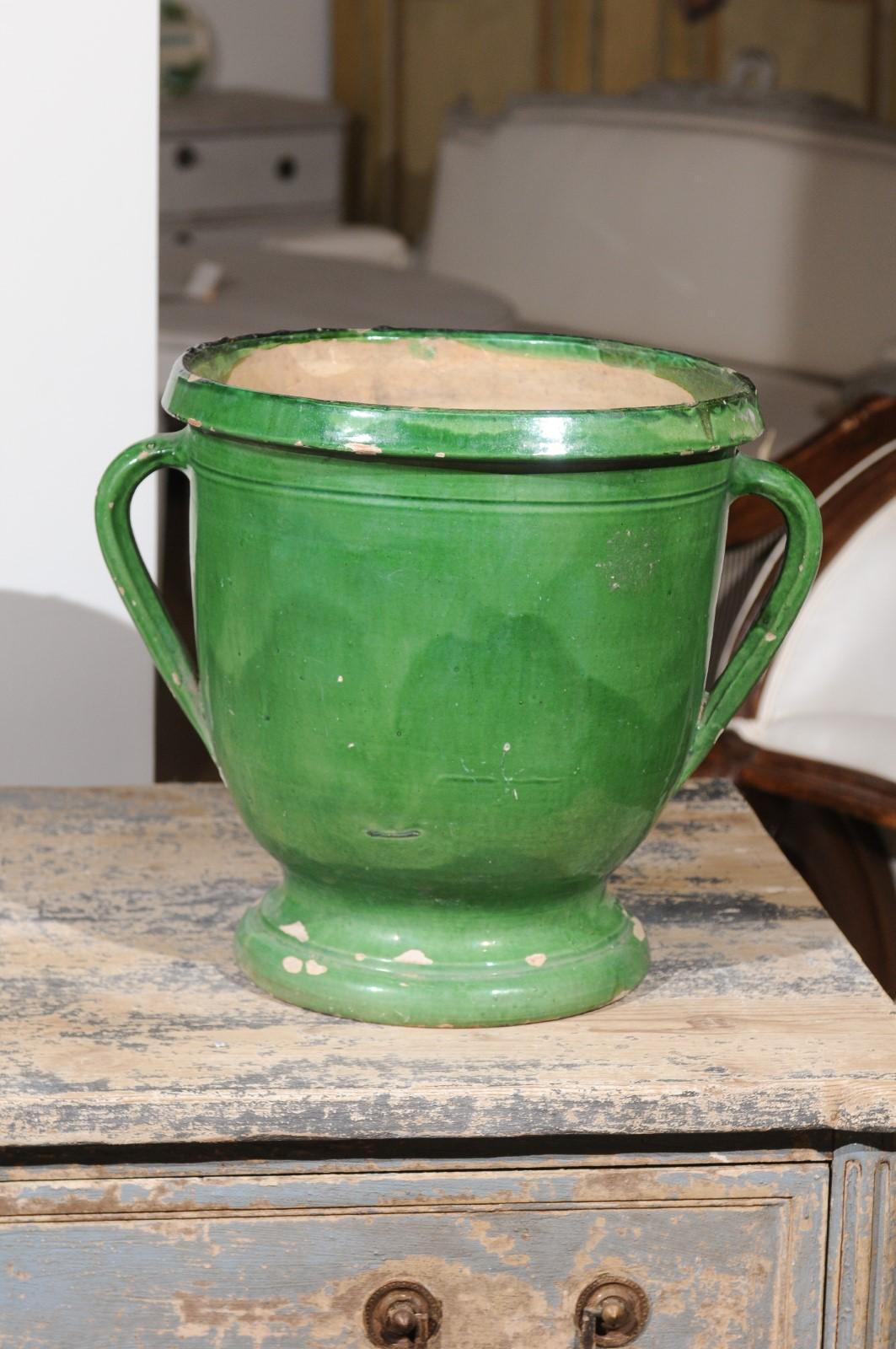 French 1850s Green Glazed Pottery Jardinière with Lateral Handles 2