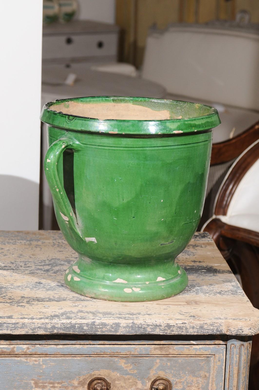 French 1850s Green Glazed Pottery Jardinière with Lateral Handles 3