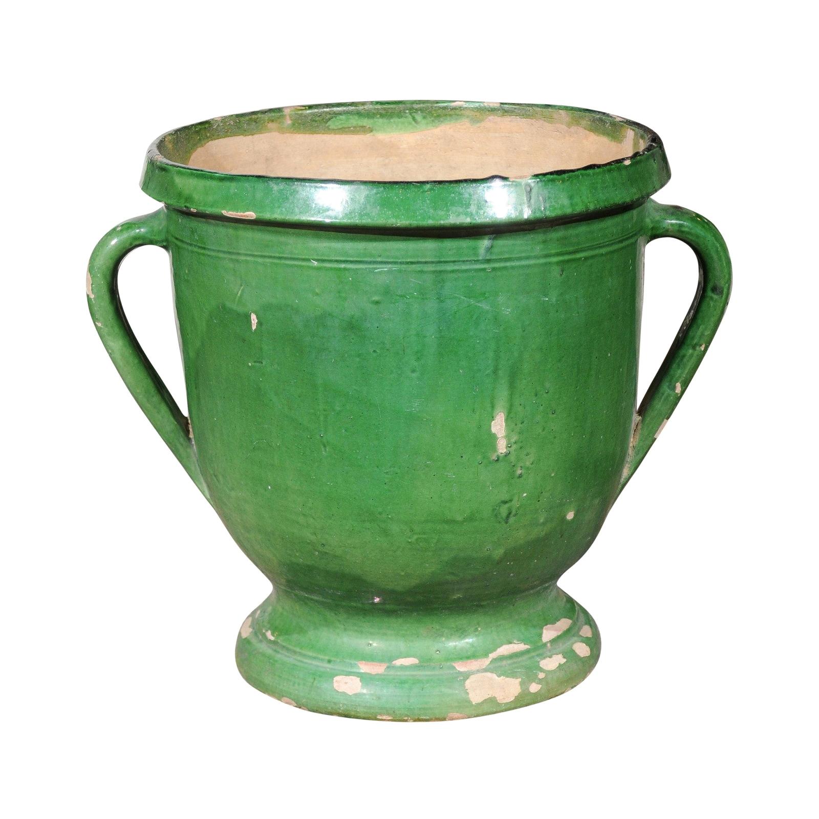 French 1850s Green Glazed Pottery Jardinière with Lateral Handles