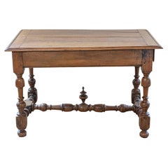 French 1850s Louis XIII Style Cherry Table with Lateral Drawer and Turned Legs
