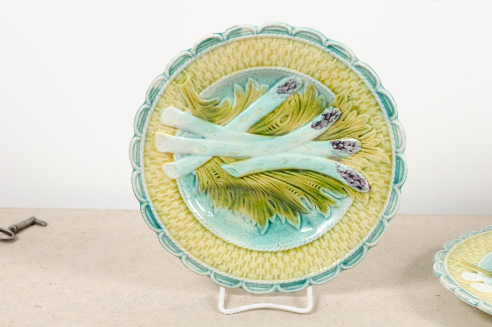 19th Century French 1850s Majolica Asparagus Plate with Scalloped Edge, Three Available For Sale