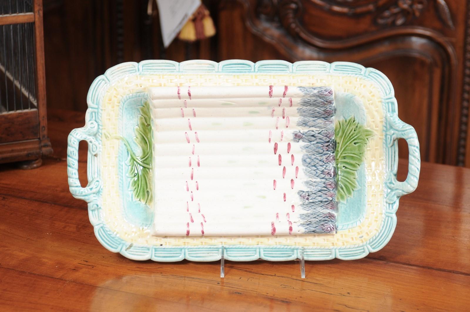 French 1850s Majolica Asparagus Platter with Purple, Turquoise and Yellow Tones For Sale 6