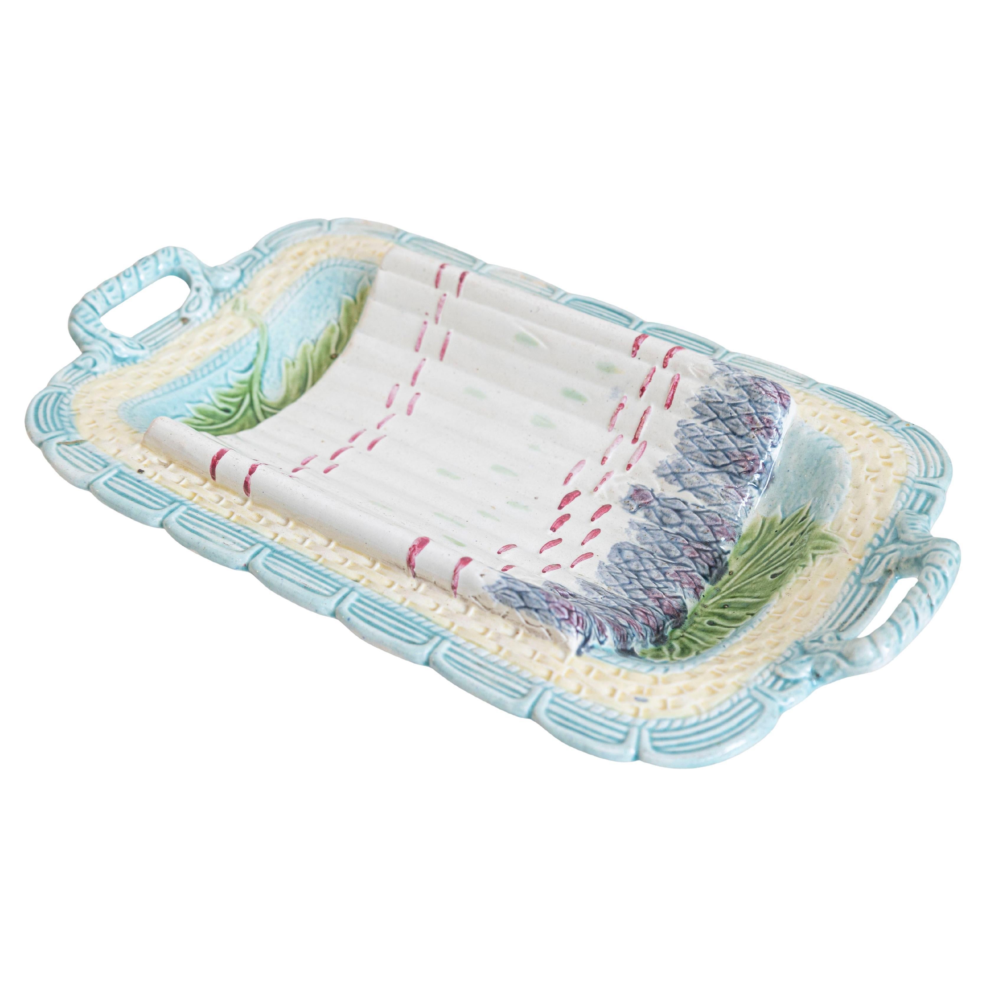 Plat à asperges français des années 1850 aux tons violet, turquoise et jaune en vente