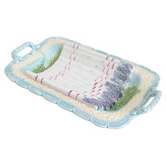 French 1850s Majolica Asparagus Platter with Purple, Turquoise and Yellow Tones