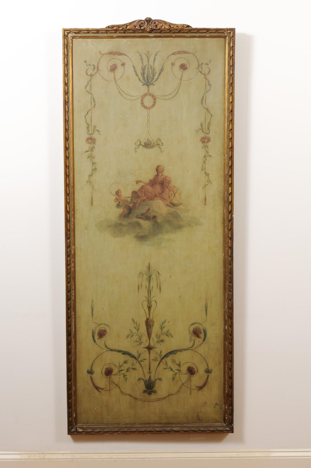 A French Napoléon III period framed architectural oil on canvas panel from the mid 19th century, with Allegory of the Arts and rinceaux motifs. Created in France at the beginning of Emperor Napoléon III's reign, this architectural panel captures our