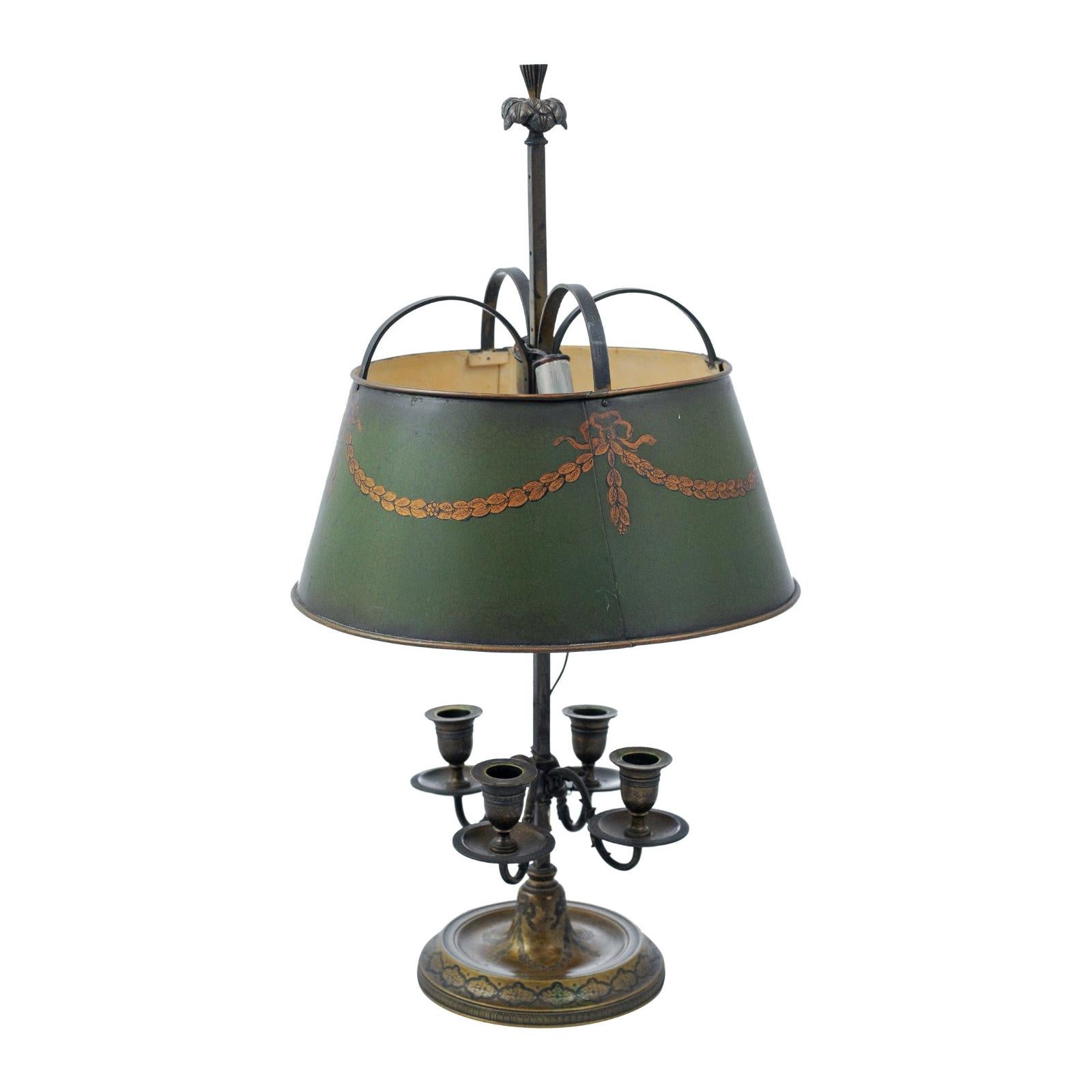 French 1850s Napoléon III Green Painted Tôle Table Lamp with Garland Motifs