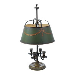 Antique French 1850s Napoléon III Green Painted Tôle Table Lamp with Garland Motifs