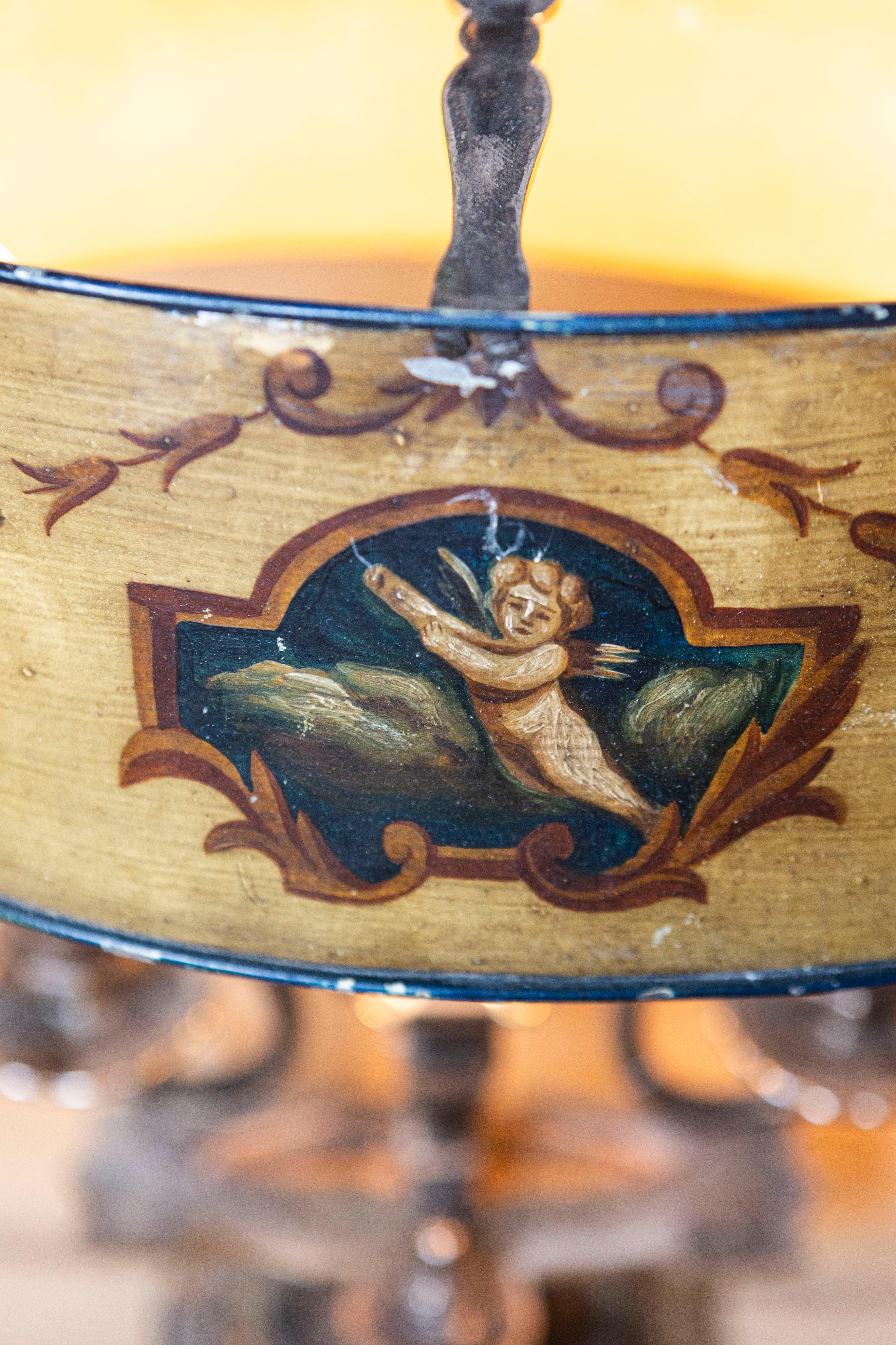 Napoleon III French 1850s Napoléon III Painted Tôle Two-Light Lamp with Cherub and Roses For Sale