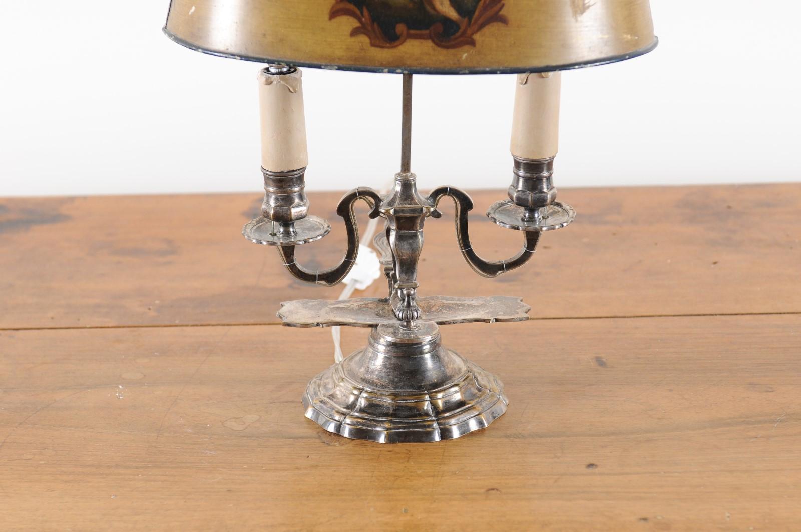 19th Century French 1850s Napoléon III Painted Tôle Two-Light Lamp with Cherub and Roses
