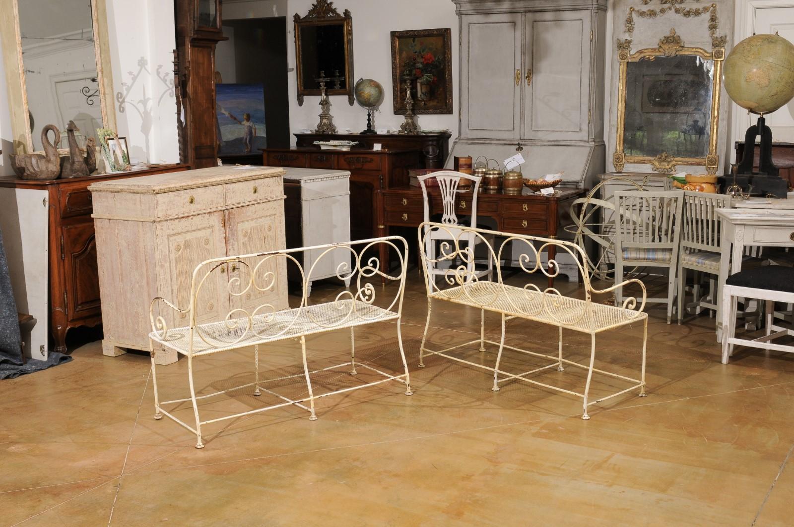 French 1850s Napoléon III Period Painted Iron Benches with C-Scrolls, Sold Each 2