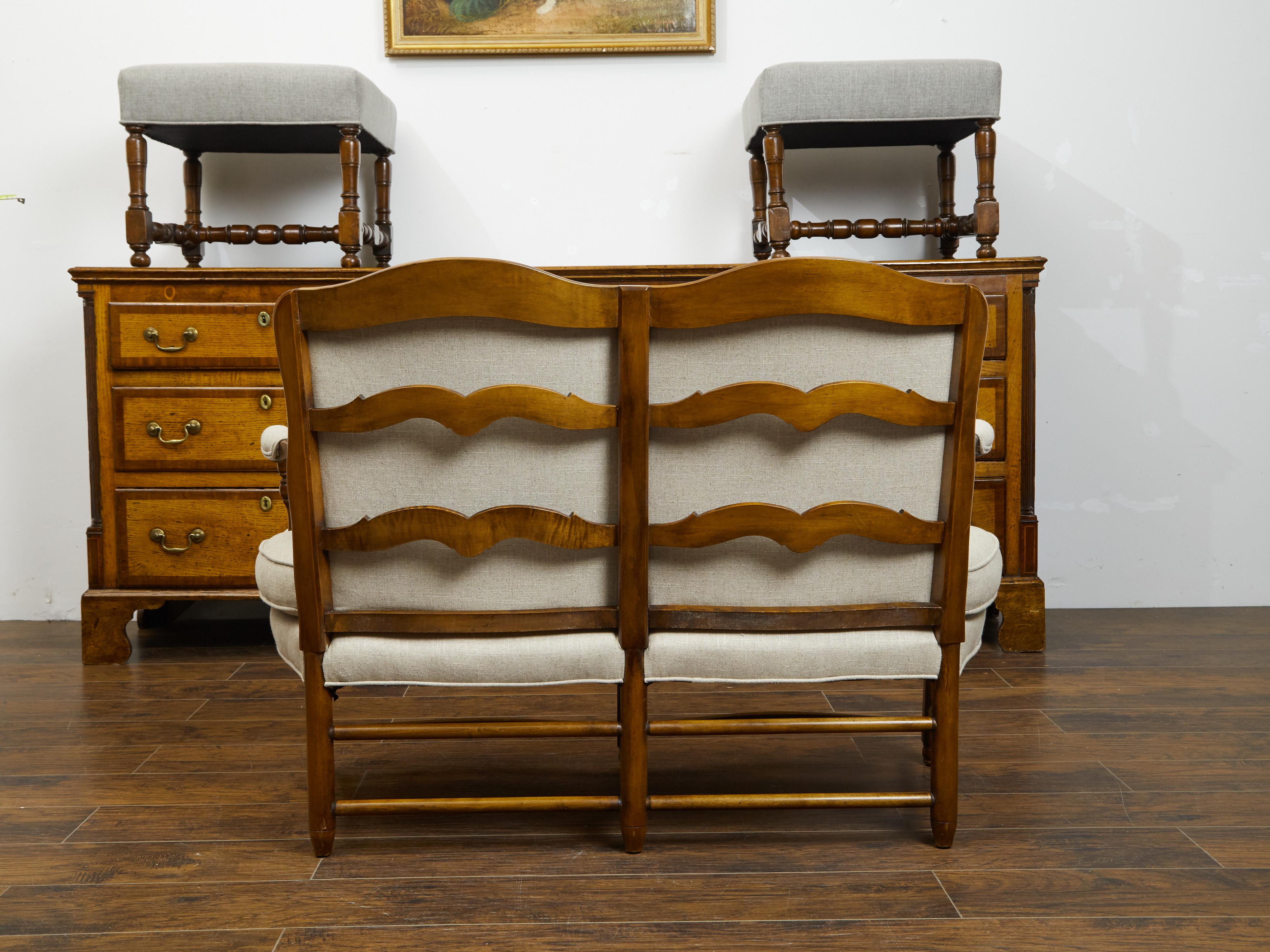 Napoleon III French 1850s Napoléon III Walnut Settee with Side Stretchers and New Upholstery