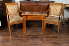 French 1850s Napoleon III Walnut Side Table with Geometric Inlay and Drawer