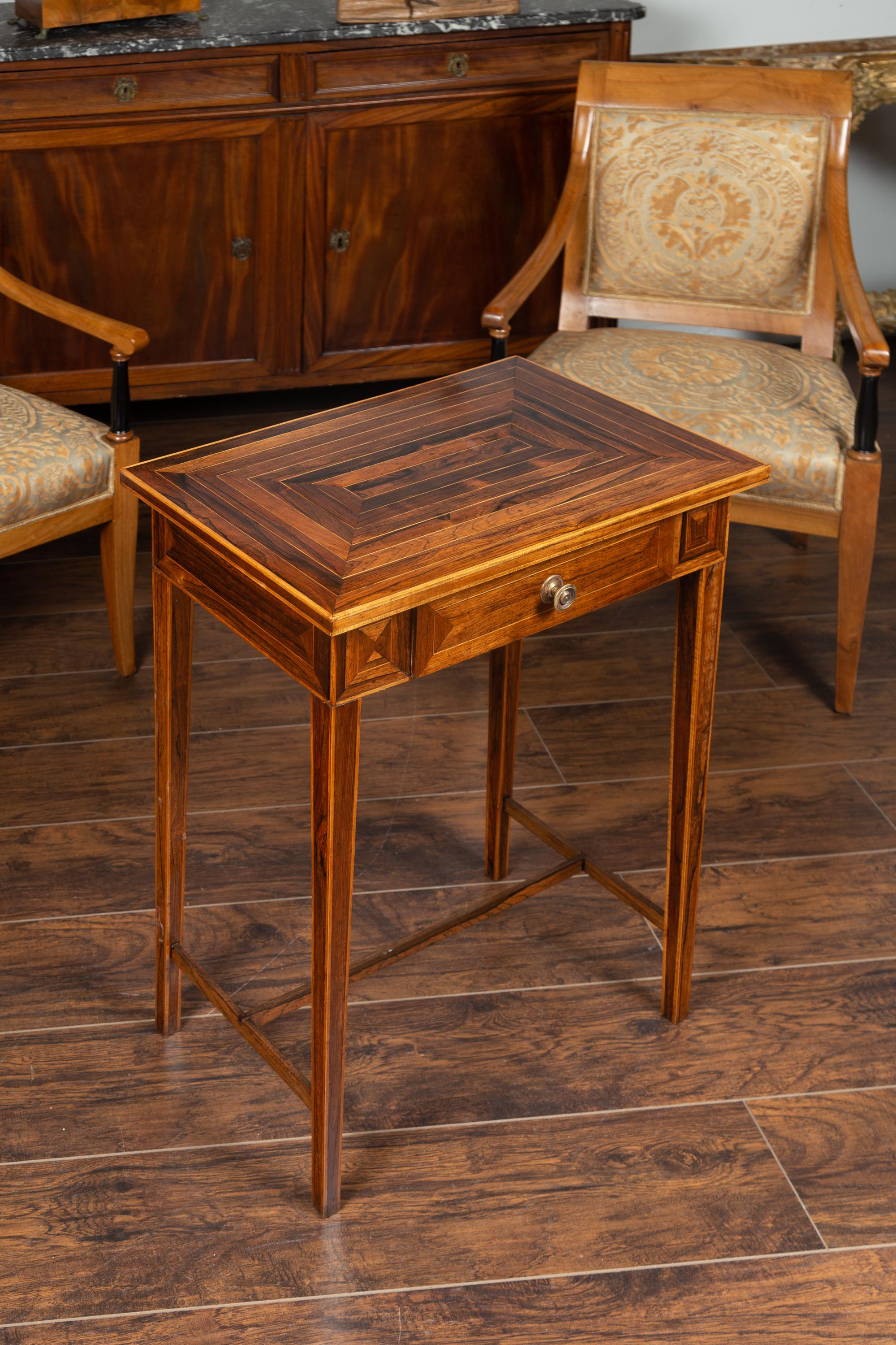 French 1850s Napoleon III Walnut Side Table with Geometric Inlay and Drawer 2