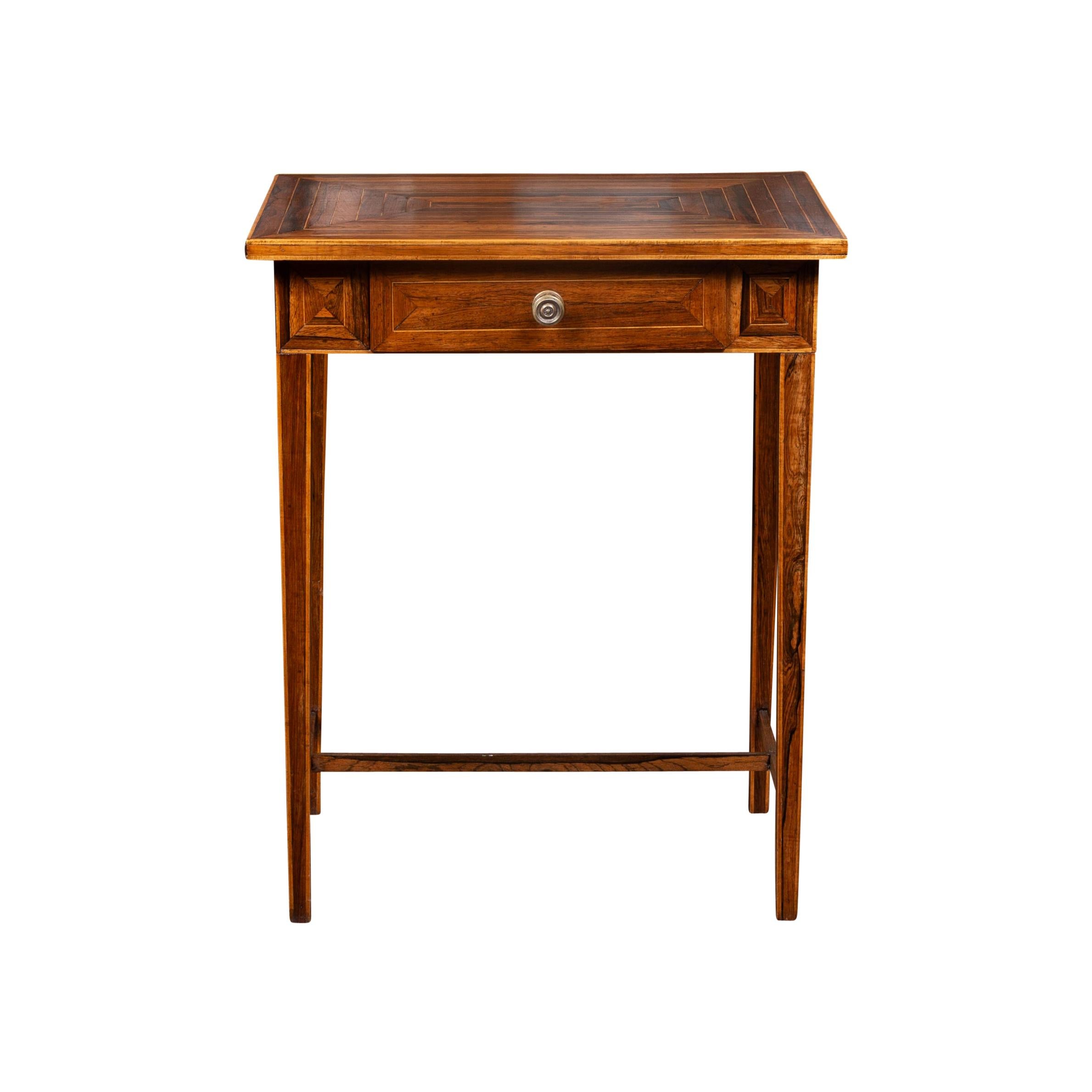 French 1850s Napoleon III Walnut Side Table with Geometric Inlay and Drawer