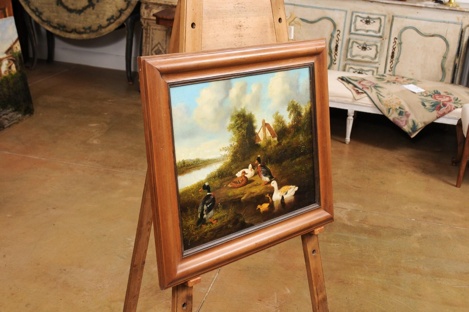 French 1850s Oil on Panel Baryard Painting with Ducks and Vibrant Colors For Sale 4