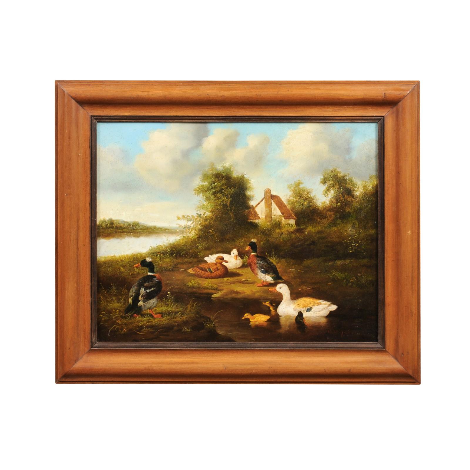 Ein französisches Ölgemälde auf einer Tafel aus der Mitte des 19. Jahrhunderts, das Enten in einer Landschaft abbildet. Dieses in Frankreich in den 1850er Jahren entstandene Ölgemälde zeigt eine friedliche Szene. Das Gemälde zeigt leuchtende,