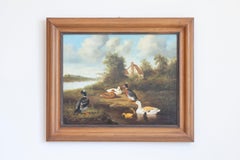 French 1850s Oil on Panel Baryard Painting with Ducks and Vibrant Colors