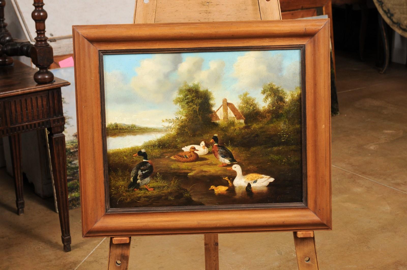 Hand-Painted French 1850s Oil on Panel Baryard Painting with Ducks and Vibrant Colors For Sale