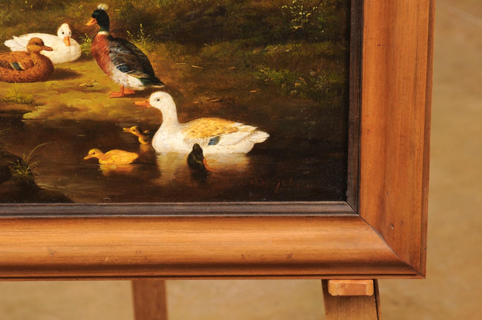 Wood French 1850s Oil on Panel Baryard Painting with Ducks and Vibrant Colors For Sale