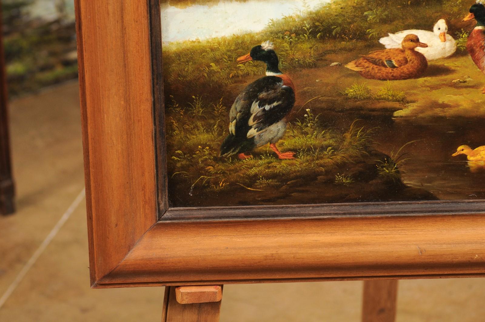 French 1850s Oil on Panel Baryard Painting with Ducks and Vibrant Colors For Sale 1